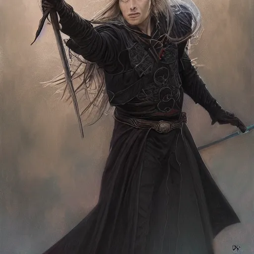 Image similar to Young, handsome wizard with a blonde ponytail wearing exquisite black robes, a spider cloak and wielding a legendary staff of light, fantasy D&D character, portrait art by Donato Giancola and Bayard Wu, digital art, trending on artstation, 4k