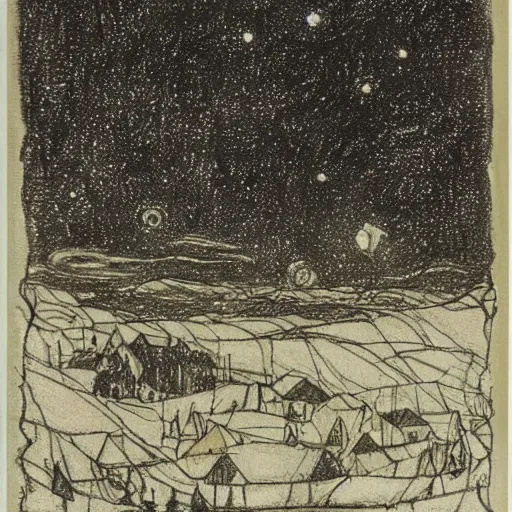 Image similar to by gerhard munthe tired, ghastly. a beautiful drawing featuring a night sky filled with stars, & a small town in the distance. the drawing is very peaceful & calming