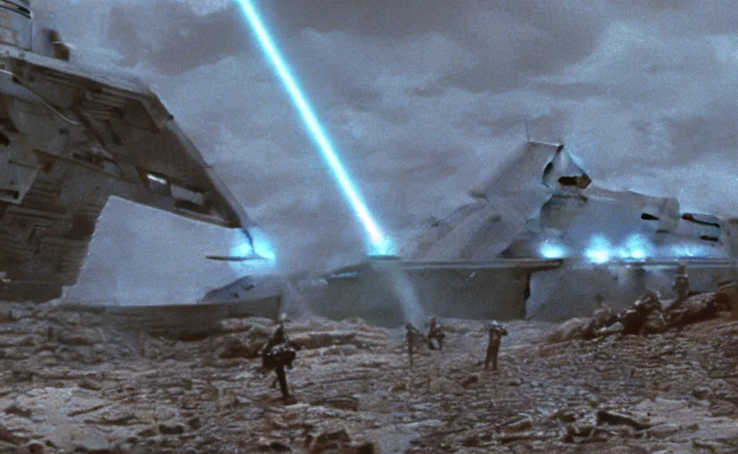 Image similar to iconic cinematic screenshot of star destroyer landing on waterfall canyon planet, from the action - packed scene from the 8 0 s star wars sci fi film by stanley kubrick, glowing, kodak film stock, 4 k, crisp, hyper detailed, photo real, anamorphic lenses 2 4 mm, lens flare,, award winning