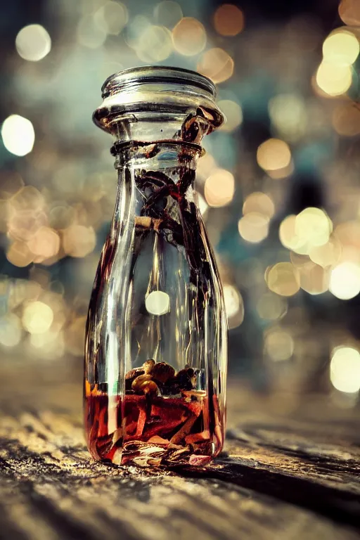 Prompt: small world inside a glass bottle on a table, close up shot, photo, octane