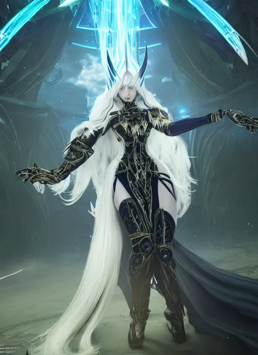 Image similar to photo of a sorceress near mage tower, warframe armor, epic, magical dress, fantasy, white hair, trees, village far away, interesting angle, sharp focus, 8 k high definition, insanely detailed, intricate, intelligent, art by akihiko yoshida and shirotaka