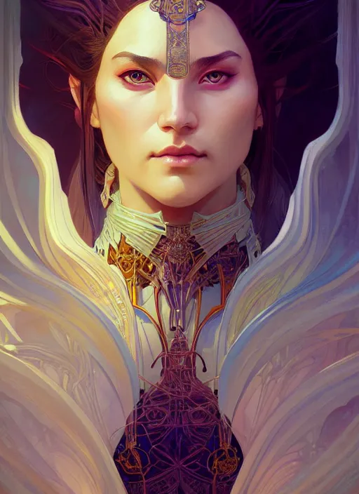 Image similar to symmetry!! portrait of a female sorcerer, dar fantasy, intricate, elegant, highly detailed, my rendition, digital painting, artstation, concept art, smooth, sharp focus, illustration, art by artgerm and greg rutkowski and alphonse mucha and huang guangjian and android jones and sachin teng