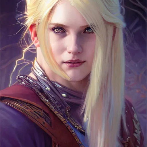 Image similar to an epic fantasy comic book style portrait painting of a young blonde girl thief, d & d, fantasy, joyful smirk, intricate, elegant, digital painting, artstation, extremely detailed, concept art, matte, sharp focus, illustration, art by artgerm and greg rutkowski and alphonse mucha