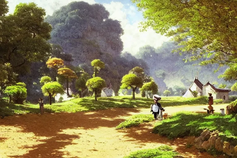 Prompt: a beautiful landscape of a tiny futuristic village in the french countryside during spring season, painting by studio ghibli hd and albert bierstadt hd, nice spring afternoon lighting, smooth tiny details, soft and clear shadows, low contrast, perfect