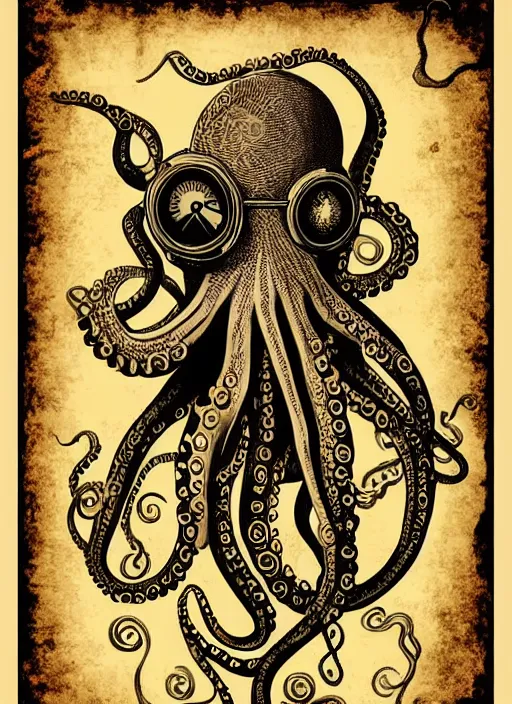 Prompt: steampunk octopus, hand drawn illustration, antique style poster, highly detailed vector art