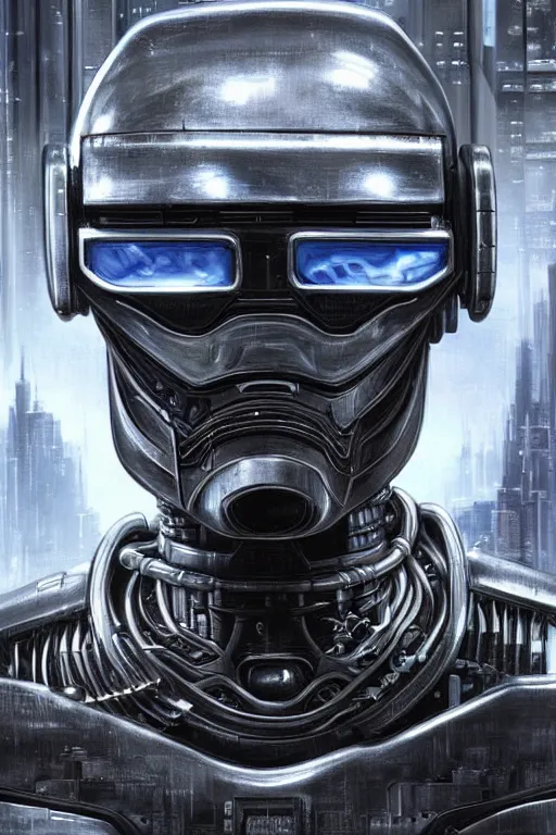 Prompt: an extremely high quality hd, a digital painting of a robocop ’ s face surrounded by mechanical parts, cyberpunk art by h. r. ( hans ruedi ) giger, featured on cgsociety, afrofuturism, circuitry, tesseract, dystopian art, 8 k, ultra realistic, very realistic