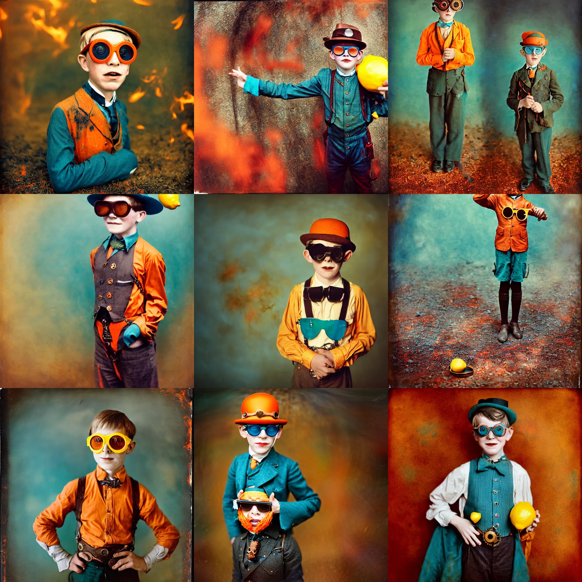 Prompt: kodak portra 4 0 0, wetplate, motion blur, portrait photo of 8 year old steampunk boy in 1 9 2 0 s in hell fire, wearing a lemon, 1 9 2 0 s cloth, 1 9 2 0 s hair, coloured in teal and orange, muted colours, funny sunglasses, by britt marling, sparkle storm