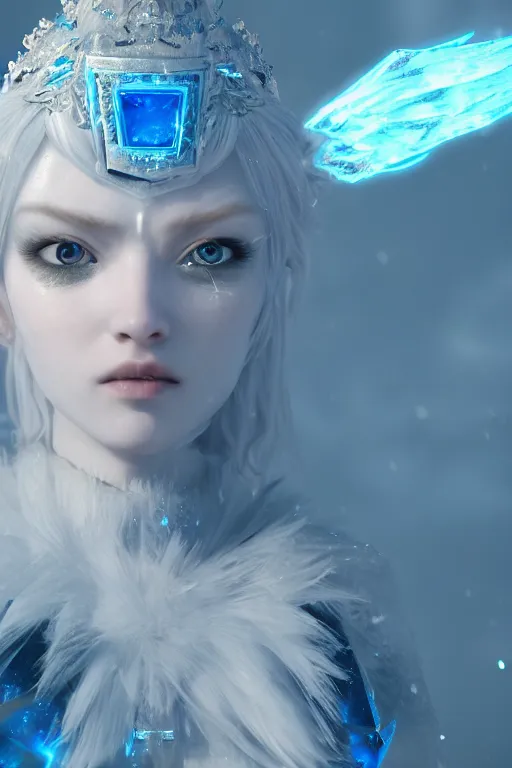 Image similar to ice goddess with beautiful face with a glowing blue crystal on her forehead, frosty white eyes, winter mist around her, white plated armor, pale skin, white smoke ， photorealism, octane render, frostbite, 8 k, cinematic, 3 5 mm, aspect ratio