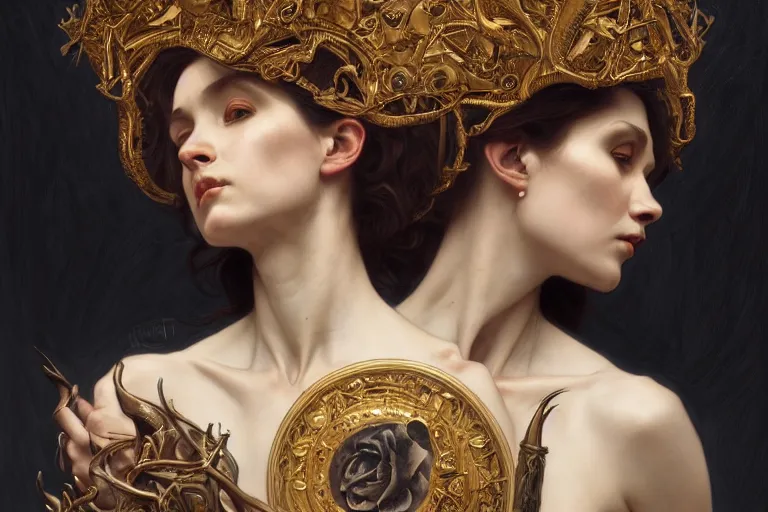 Prompt: a portrait of the bone queen, intricate, morbid, horrific, highly detailed, digital painting, crown of skulls, artstation, concept art, smooth, sharp focus, illustration, art by artgerm and greg rutkowski and alphonse mucha and william - adolphe bouguereau