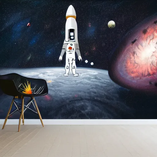 Prompt: mural of an astronaut exploring deep space, rocket in the background, laser beams, black and white paint, stencil art, abstract, cyberpunk, painted on a giant wall