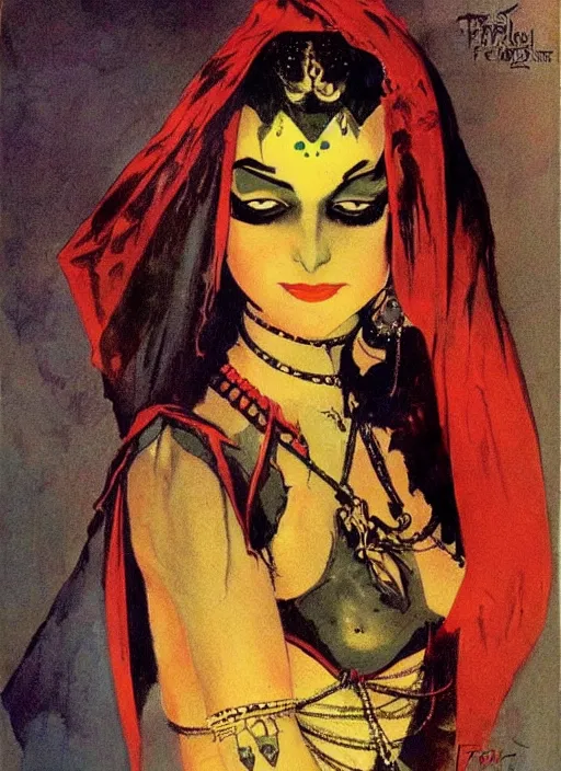 Image similar to female indian vampiress, jeweled veil, strong line, saturated color, beautiful! coherent! by frank frazetta, high contrast