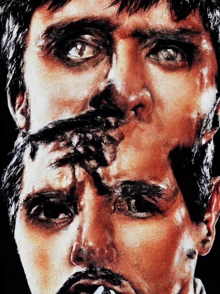 Image similar to medium shot. cogerent eyes. detailed face. tony montana from movie scarface. poster colors