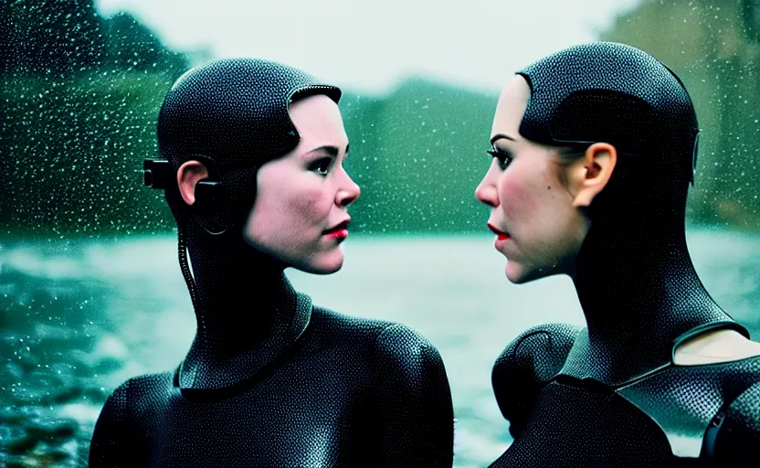 Image similar to cinestill 5 0 d candid action photographic portrait by quentin tarantino of two loving female androids wearing rugged black mesh techwear in treacherous waters, extreme closeup, modern cyberpunk tesla retrofuturism moody emotional cinematic, pouring iridescent rain, 8 k, hd, high resolution, 3 5 mm, f / 3 2, motion blur, ultra realistic faces, ex machina