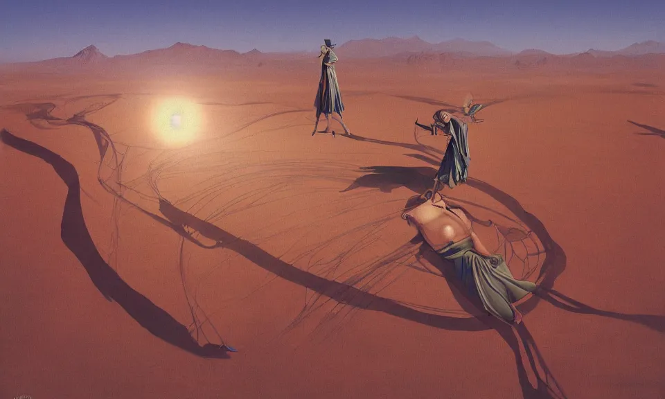 Prompt: digital art, birds eye view, massive statue of a massive woman witch, floating on the desert at night, by syd mead, syd mead color scheme, sci - fi, arik roper, kirby krackle, concept art