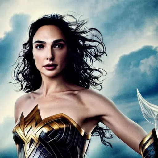 Image similar to fine art, long shot photo of the beauty goddess gal gadot, she has a crown of mesmerizing flowers, she is arriving heaven, background full of stormy clouds, by hr giger