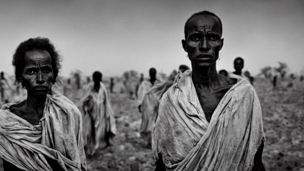 Prompt: 1984 Ethiopian biblical famine and drought, moody, dark, portrait picture, movie scene, hd, 4k, wide shot