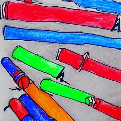 Image similar to a child's drawing of a space battle in crayon