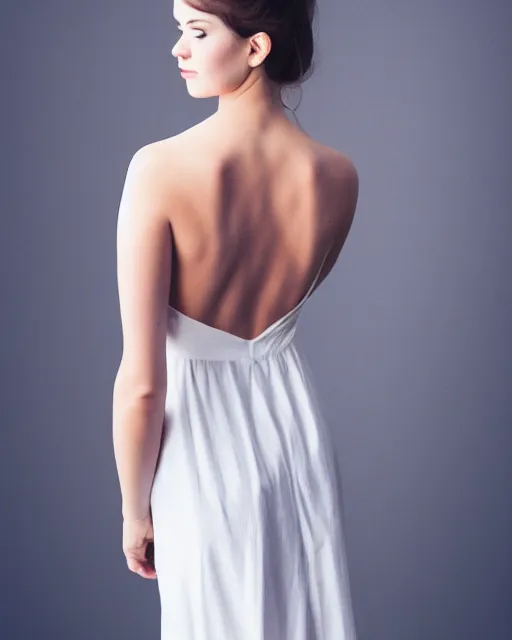 Image similar to watercolor picture of a beautiful young woman in white dress, from the back, looking at the camera, high key, 8k