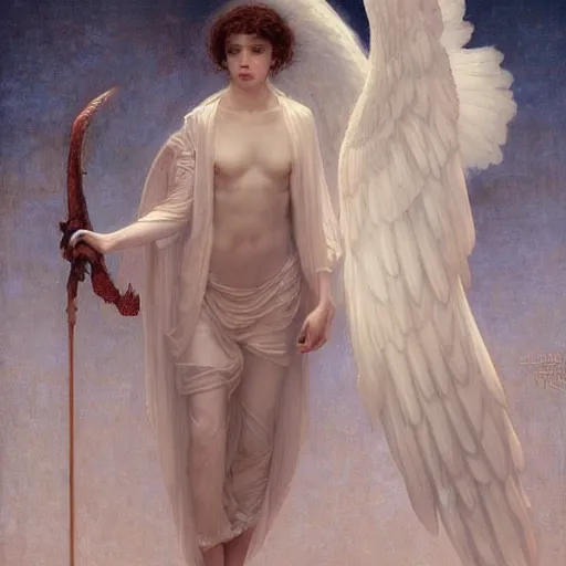 Image similar to epic masterpiece full body portrait a ghost haunting a beautiful angel, by Edgar Maxence and Ross Tran and Michael Whelan