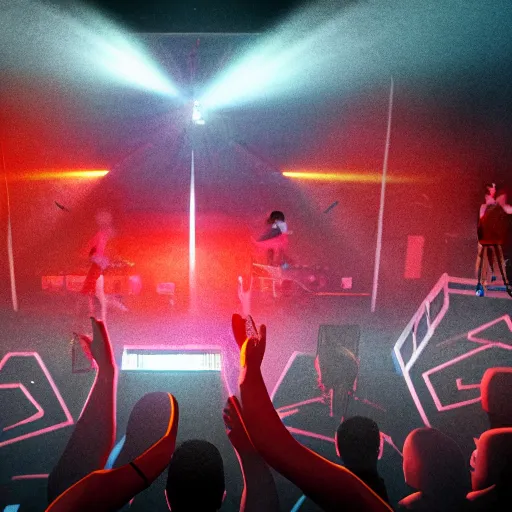 Prompt: 3 d render an old school hip hop concert taking place on a basketball court behind a large brick apartment at night from the view of a rapper that is standing on stage yelling into the mic, many people dancing with their hands in the air, a dj with audio equipment at the back of the stage, photorealistic, unreal engine, foggy, light streaks