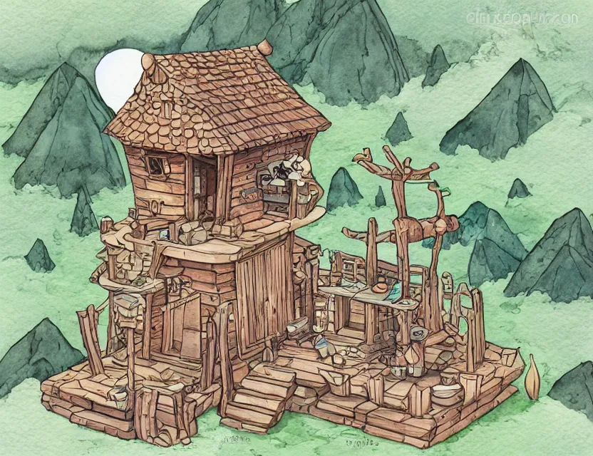 Image similar to cute and funny, a magicians cabin carved into a mountain, centered award winning watercolor pen illustration, isometric illustration by chihiro iwasaki, edited by range murata, sharply focused