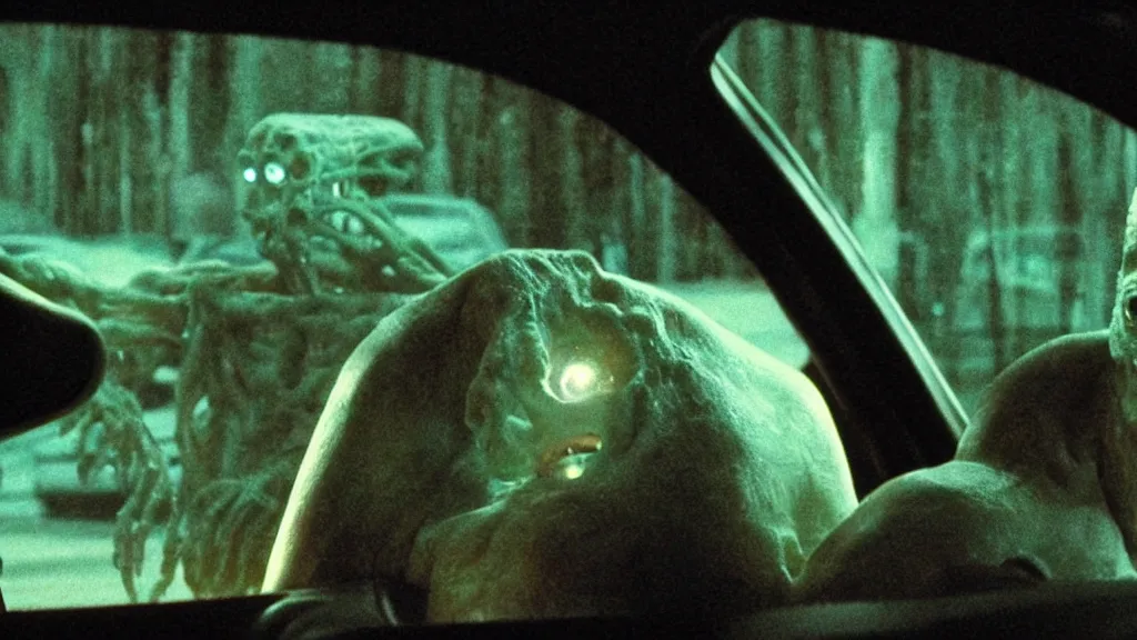 Image similar to the creature sits in a car, made of glowing wax, they look me in the eye, film still from the movie directed by Denis Villeneuve and David Cronenberg with art direction by Salvador Dalí, wide lens