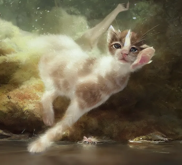 Prompt: a painting of a cute light beige brown kitten at a river. fur pattern. character design by cory loftis, fenghua zhong, ryohei hase, ismail inceoglu and ruan jia. volumetric light, detailed, rendered in octane