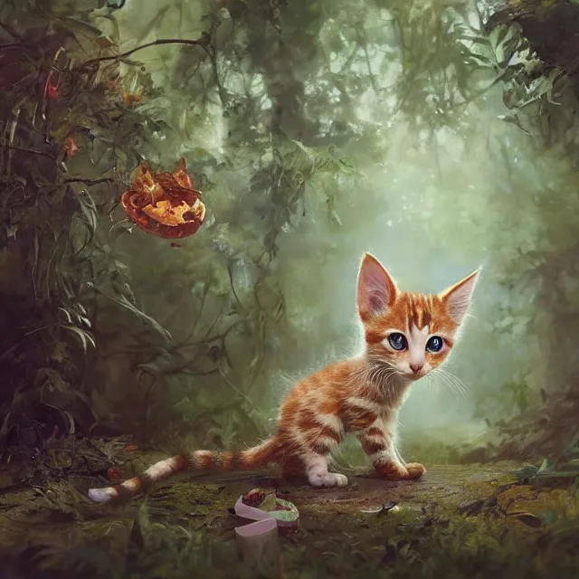 Image similar to a painting of a cute kitten in a forest. big eyes. disney character design by cory loftis, fenghua zhong, ryohei hase, ismail inceoglu and ruan jia. volumetric light, detailed, rendered in octane