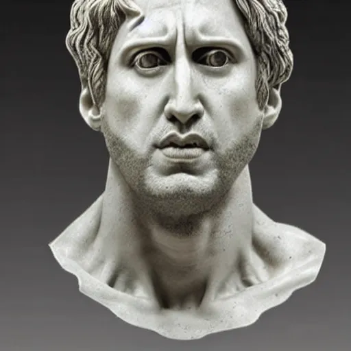 Image similar to hellenic marble sculpture of Nicolas Cage, realistic human anatomy sculpture, detailed anatomy, perfect anatomy, intricate sculpture, chiseled muscles, godlike