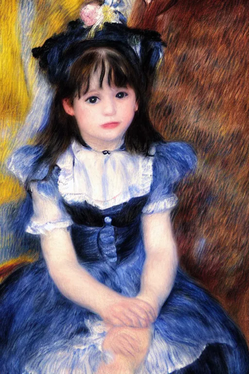 Prompt: a realistic portrait of black - haired little girl in a blue lolita dress with stars and petticoat sitting on the new york city subway by renoir, detailed eyes, 4 k resolution