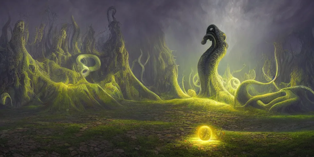 Image similar to Cthulhu, beautiful atmosphere, god rays, masterpiece digital painting by Gediminas Pranckevicius, Alex Gray, 4k wallpaper