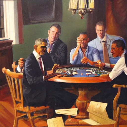 Image similar to Several copies of Barack Obama playing poker around a table, oil painting, warm lighting