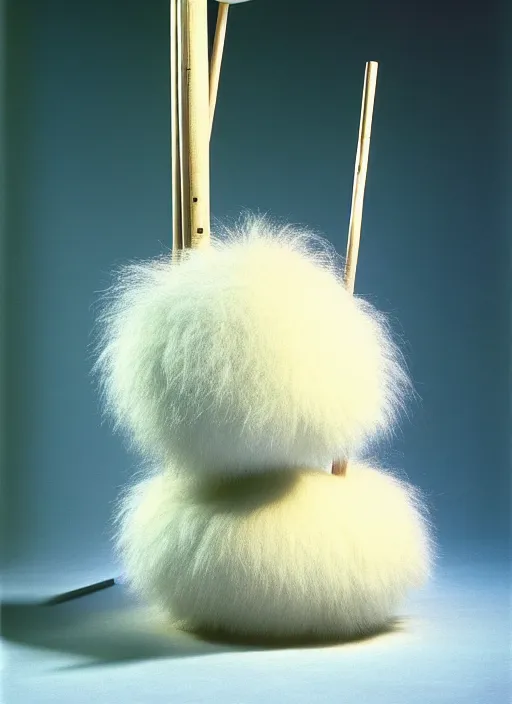 Image similar to realistic photo of a a modern brushwood and straw astronomy archeology scientific equipment gadget sculpture made of brushwood, with white fluffy fur, by dieter rams 1 9 9 0, life magazine reportage photo, natural colors, metropolitan museum collection