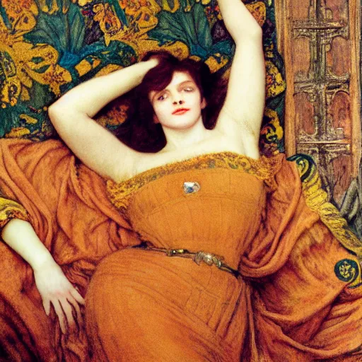 Image similar to preraphaelite photography reclining on bed, a hybrid of judy garland and amy macdonald, aged 2 5, big brown fringe, yellow ochre ornate medieval dress, john william waterhouse, kilian eng, rosetti, john everett millais, william holman hunt, william morris, 4 k