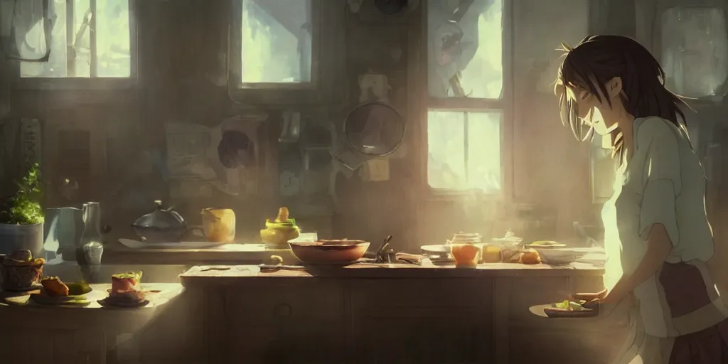 Image similar to a girl makes breakfast in her house, close up shot from the side, anime art, Greg Rutkowski, studio ghibli, dramatic lighting