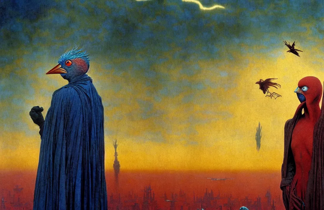 Image similar to realistic detailed portrait movie shot of a birdman wearing dark ragged robes, sci fi city sunset landscape background by denis villeneuve, amano, yves tanguy, alphonse mucha, ernst haeckel, max ernst, roger dean, masterpiece, rich moody colours, bird head, blue eyes