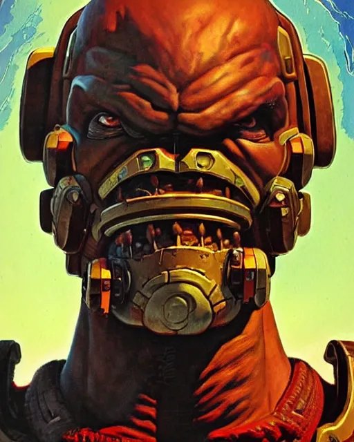 Image similar to doomfist from overwatch, character portrait, portrait, close up, concept art, intricate details, highly detailed, vintage sci - fi poster, retro future, vintage sci - fi art, in the style of chris foss, rodger dean, moebius, michael whelan, and gustave dore