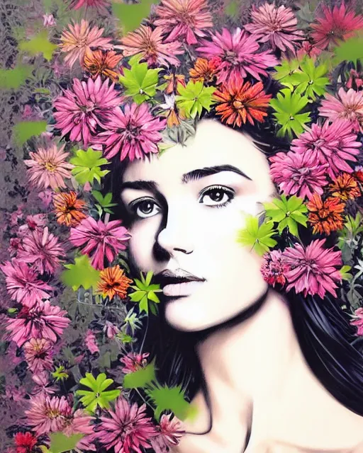 Prompt: woman portrait explosion of flowers and foliage, banksy, artgerm