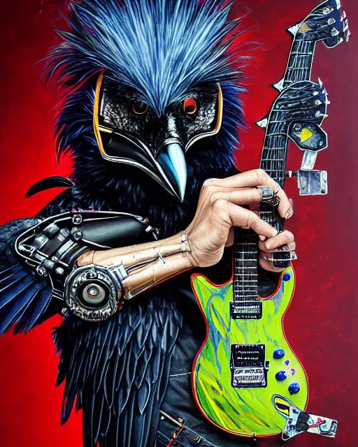 Image similar to a portrait of an anthropomorphic cyberpunk raven shredding an electric guitar by sandra chevrier, by jon foster, detailed render, tape deck, epic composition, cybernetics, 4 k realistic, cryengine, realistic shaded lighting, sharp focus, masterpiece, by enki bilal