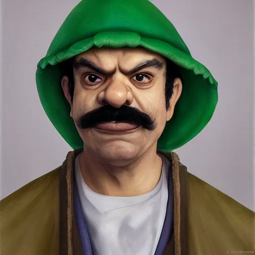 Image similar to hyper realistic, realistic - anime, portrait, beautifully rendered, luis guzman as luigi wearing green, smirking deviously, luigi, luigi's nose, painted by jan van eyck, albrecht durer, greg rutkowski, wlop, artgerm, dishonored 2,