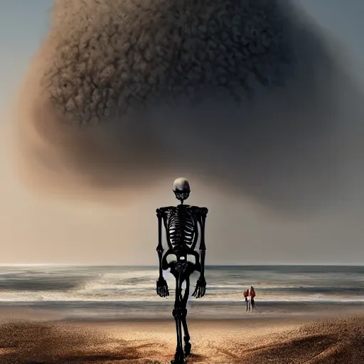 Prompt: Professional painting of anatomically correct skeleton walking along the beach, big highly detailed nuclear bomb explosion in the background, trending on Artstation, realistic, ultra detail, by Greg Rutkowski