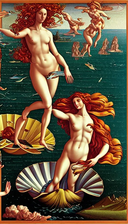 Prompt: the birth of venus, italian futurism, da vinci, dan mumford, josan gonzalez