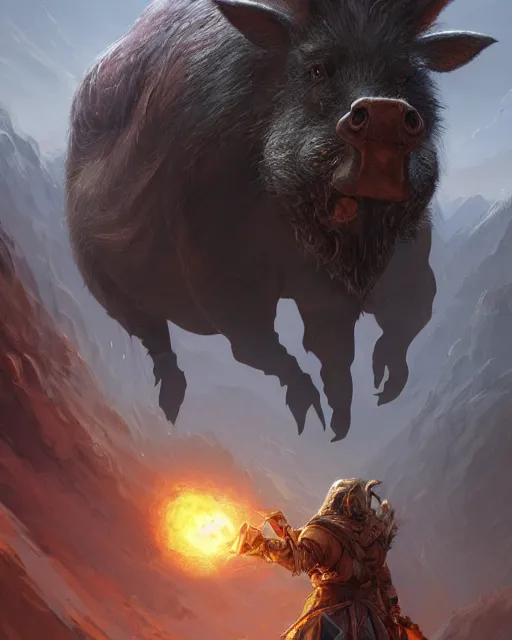 Image similar to Giant Boar looking at mouse, medium shot, fear, D&D, artstation, fantasy, magic the gathering artwork, cinematic lighting, centered, symmetrical, highly detailed, digital painting, , concept art, smooth, sharp focus, illustration, volumetric lighting, epic Composition, 8k, art by Akihiko Yoshida and Greg Rutkowski and Craig Mullins, oil painting, cgsociety