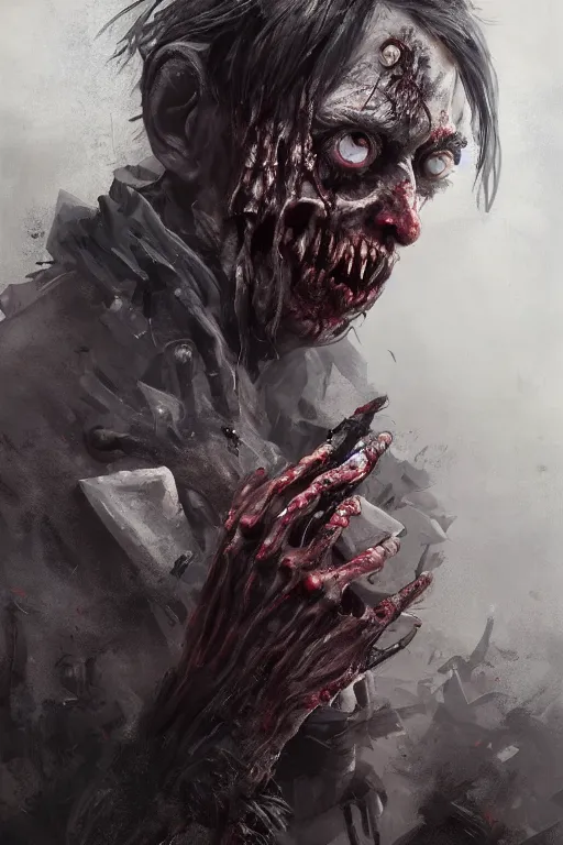 Prompt: A fancy portrait of a zombie by Greg Rutkowski, Sung Choi, Mitchell Mohrhauser, Maciej Kuciara, Johnson Ting, Maxim Verehin, Peter Konig, full body, Bloodborne, 8k photorealistic, cinematic lighting, HD, high details, dramatic, dark atmosphere, trending on artstation