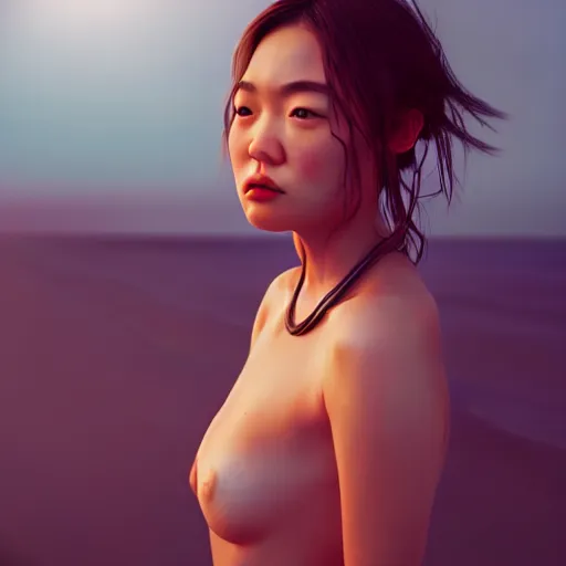 Image similar to a photorealistic hyperrealistic, jade hsu, girl on the beach, beautiful dynamic dramatic low - light moody lighting, cinematic atmosphere, artstation, concept design art, octane render, 8 k