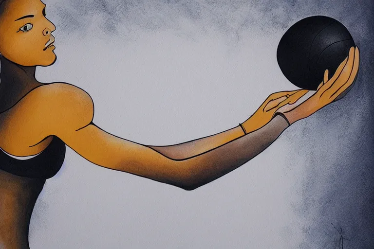 Image similar to beautiful serene volleyball player, healing through motion, life, minimalistic golden and ink airbrush painting on white background