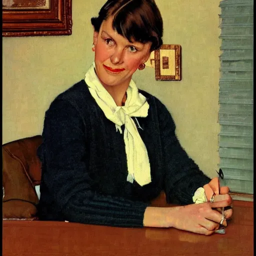 Prompt: Front portrait of a woman with bangs, and a sweater over a shirt and tie. Painting by Norman Rockwell.