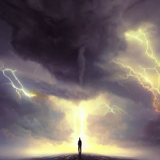 Prompt: Duality of God and Satan, Greg Rutkowski, lightning filled sky