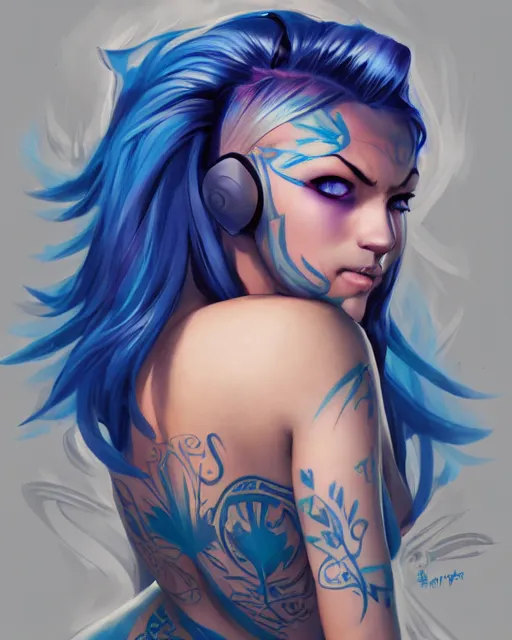 Prompt: beautiful female blue hair tattoo symmetrical face eyes full length fantasy art Video game icon, 2d game art gta5 cover , official fanart behance hd artstation by Jesper Ejsing, by RHADS, Makoto Shinkai and Lois van baarle, ilya kuvshinov, rossdraws