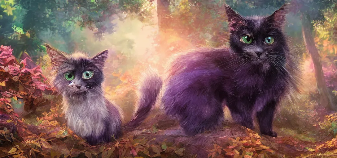 Prompt: ultra - realistic ultra - detailed adorable cute fluffy bioluminescent black cat in the style of ghibli kazuo oga, colorful fur, big ears, big purple eyes, forest landscape, dof, soft lighting, unreal engine, octane render